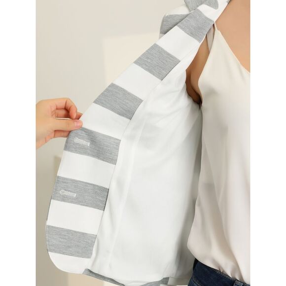 Notched Lapel Pocket Button Closure Striped Blazer Light Grey - Picture 5 of 5